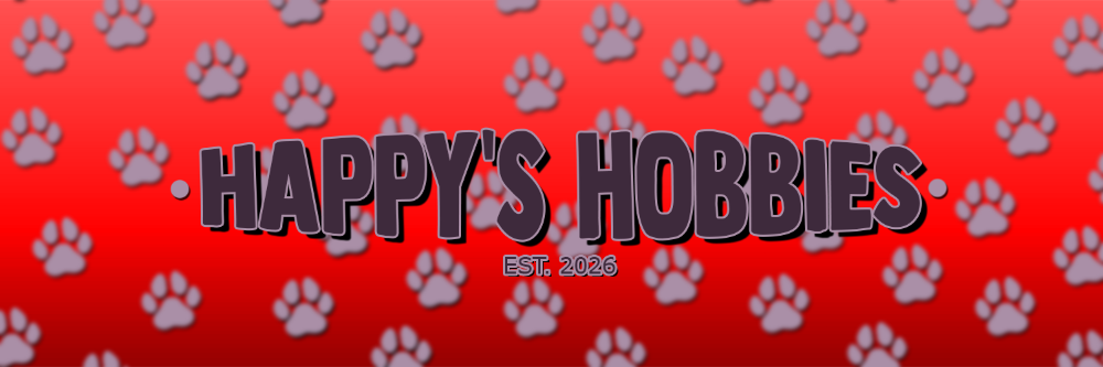Red background with paw prints and 'HAPPY'S HOBBIES' text
